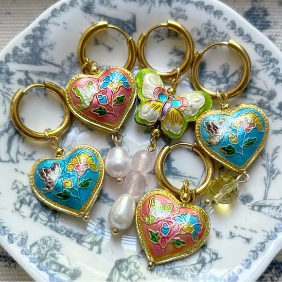 Vintage Ethnic Blue Enamel 18K Gold Stainless Steel Gold Heart Earrings - Picture 5 of 5